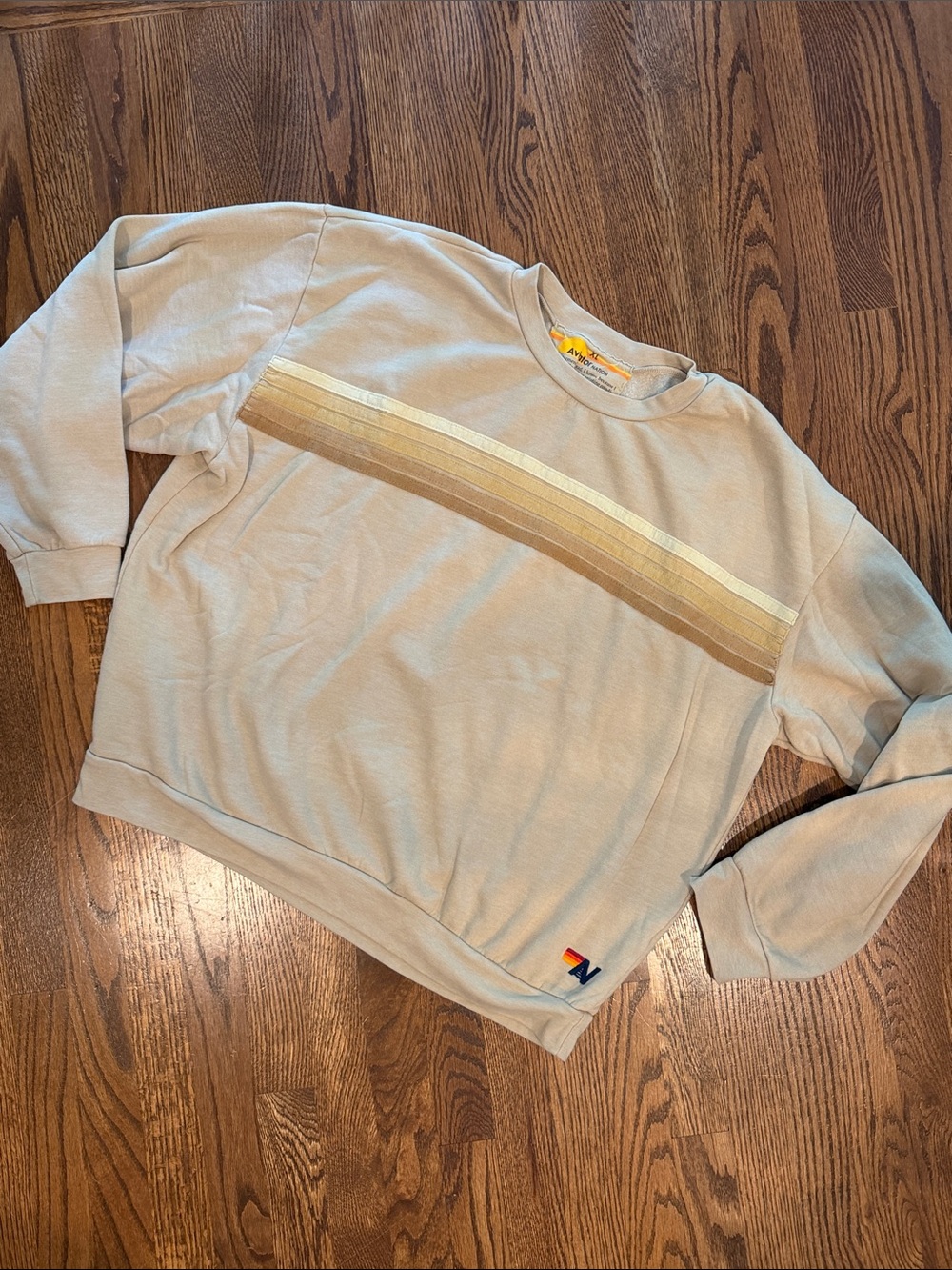 Aviator Nation Beige Crewneck with Tan and Cream Stripes